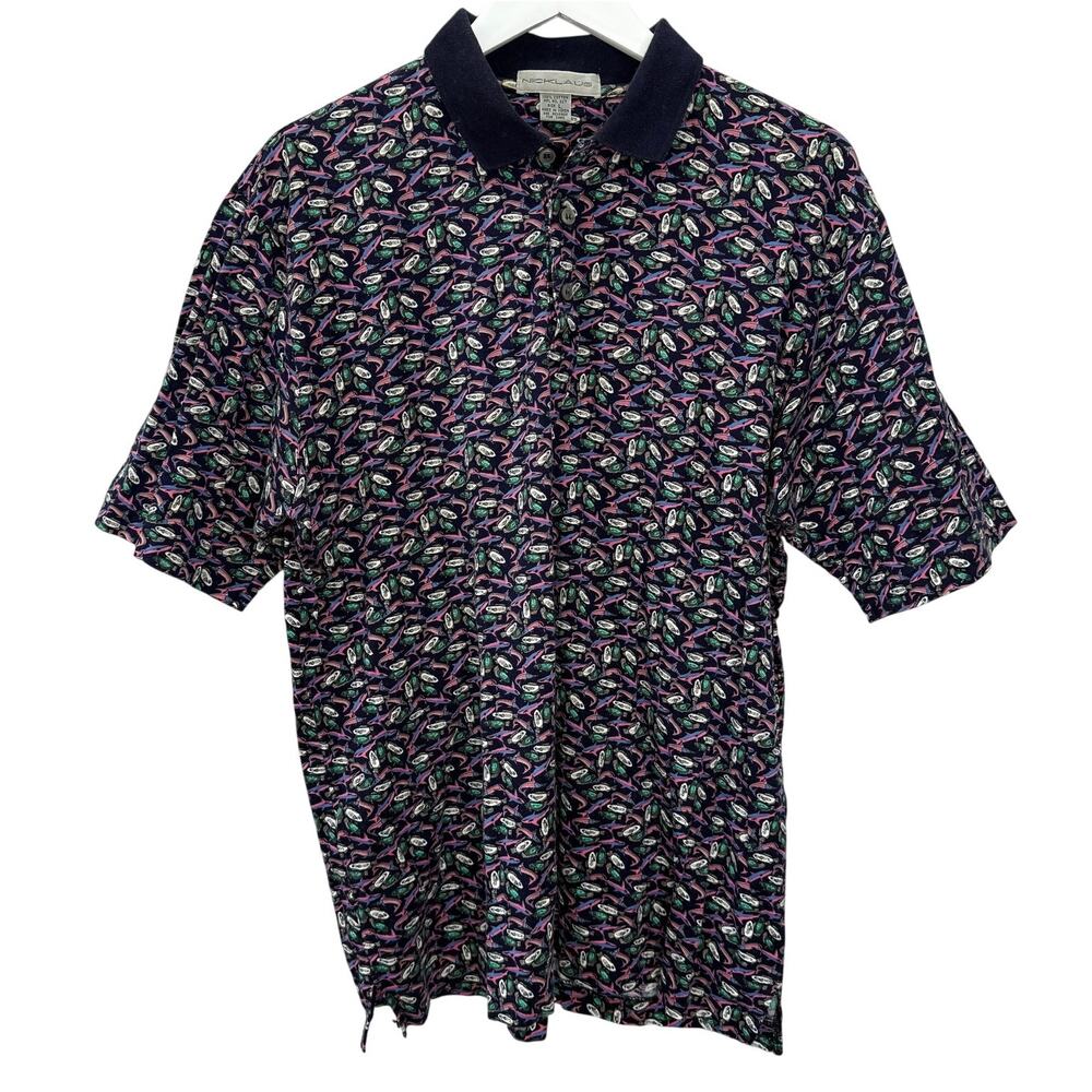NIcklaus Mens Short Sleeve Polo Shirt Size L Navy Blue Shark Fish All Over Print